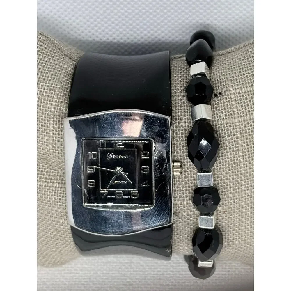 Geneva Platinum Black Cuff Watch + Handmade Beaded Bracelet Set